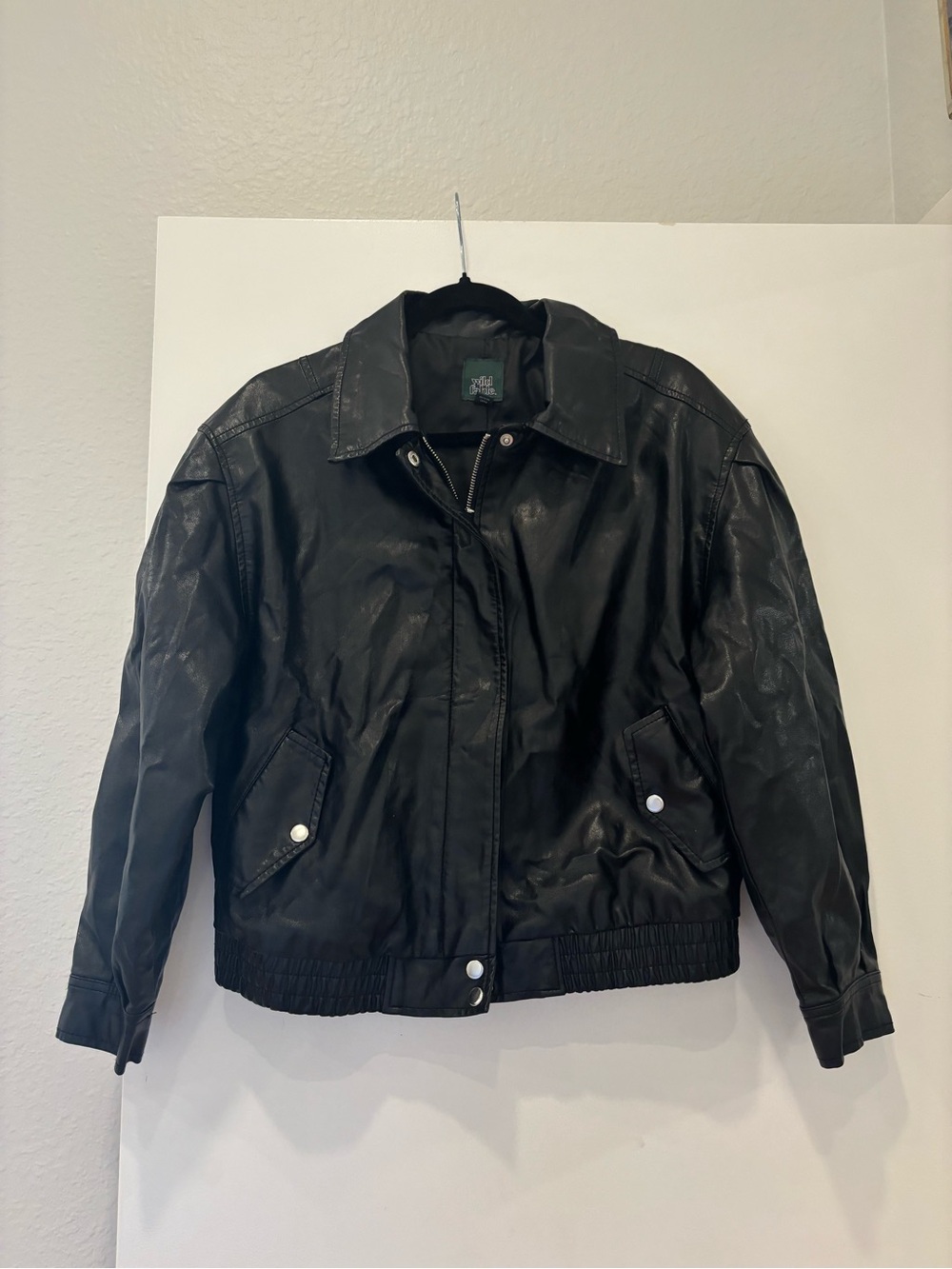 Wild Fable Black Faux Leather Bomber Jacket Size M Full Zip Moto Streetwear